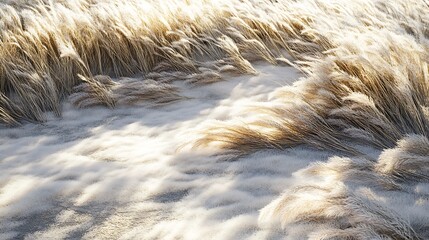 Sunlit pampas grass in snow.