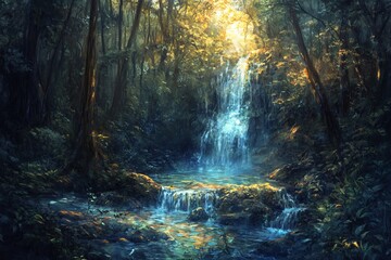 A tranquil and picturesque scene showcasing a waterfall in a lush forest, illuminated by soft golden light filtering through trees, creating a serene atmosphere.