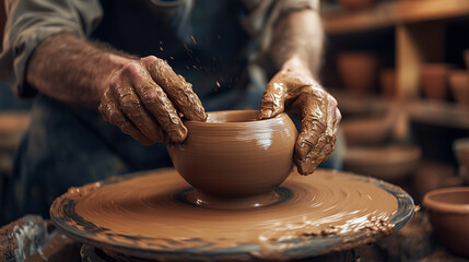 Artisan Crafting Clay Pot on Pottery Wheel Close-Up