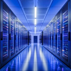 Fototapeta premium A long hallway with many computer servers. The servers are blue and the lights are blue. The hallway is very long and the servers are very tall