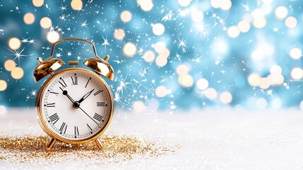 Elegant golden alarm clock on sparkly surface with blurred blue background filled with bokeh and festive lights, symbolizing time and celebration