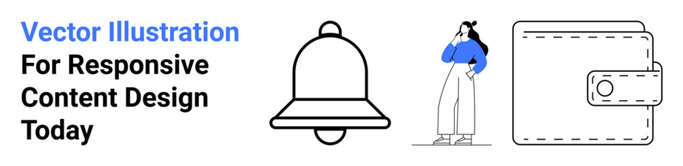 Notification bell, standing woman in thoughtful pose, and stitched wallet icon. Ideal for design, technology, finance, communication, creativity, e-commerce web interfaces flat landing page banner