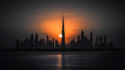 Obraz premium Silhouette of Dubai skyline at sunset, with the iconic skyscraper prominent against the fiery orange sky and calm water.