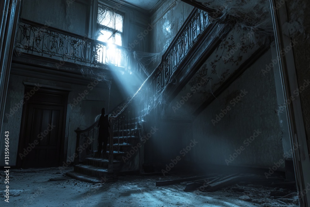 Poster a haunting view of an abandoned staircase, illuminated by haunting rays of light filtering through d