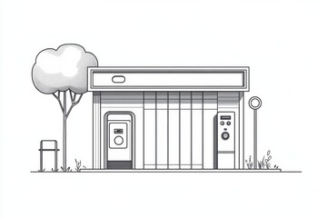 This minimalist illustration showcases a modern gas station design in a clean line art style. Ideal for projects focused on transportation and urban development.