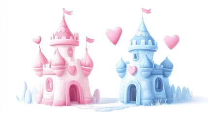 Pink and blue fairytale castles, hearts, love, celebration, children's book illustration
