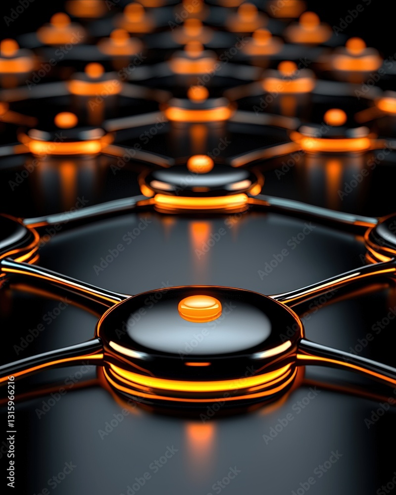 Poster abstract close-up of interconnected spheres with glowing orange elements showcasing modern design in