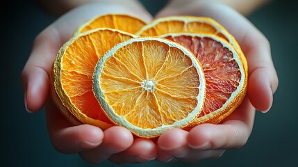 A handful of dried citrus slices being gently held in cupped hands