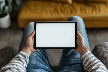 Man holds tablet with blank screen, sitting on couch.
