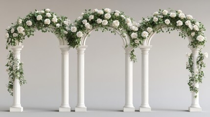 Naklejka premium An elegant backdrop of white pillars graced with soft pink flowers, producing a charming and hospitable atmosphere