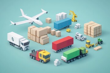 Colorful 3D illustration of transport logistics with trucks, containers, and an airplane in a warehouse