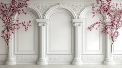 Obraz premium A tranquil setting showcasing white pillars embellished with pink flowers, suitable for weddings or upscale occasions