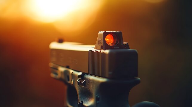Close-up of handgun with red dot sight at sunset.