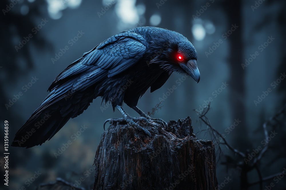 Poster a black crow with red eyes stands on a log in a dark forest. the image has a spooky and eerie mood, 