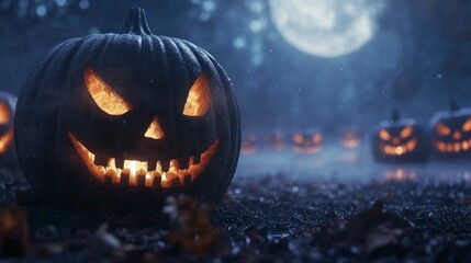 Naklejka premium Spooky Halloween Jack o lanterns on Misty Lake at Night