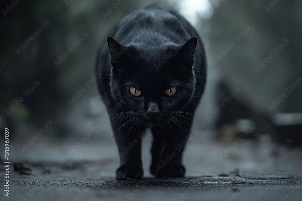 Poster A dramatic image of a black cat stealthily moving through a foggy forest. The intense gaze and atmosphere create a captivating sense of mystery and intrigue.