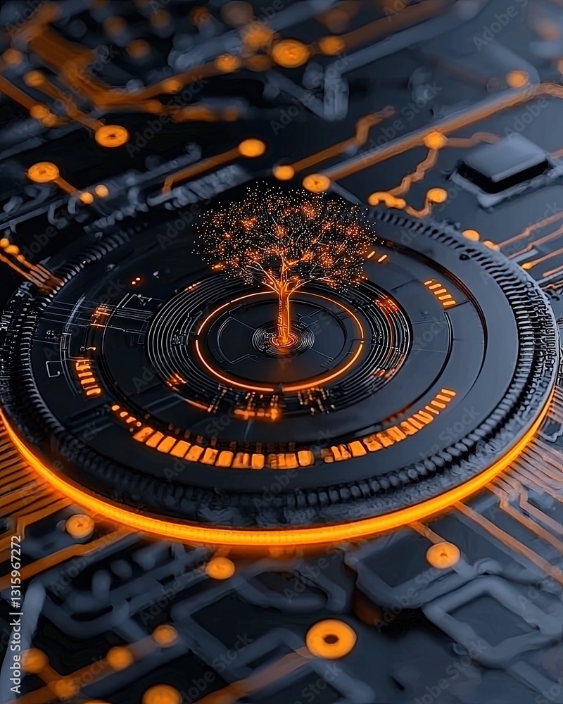 Aufkleber artistic depiction of a glowing tree emerging from a circuit board, symbolizing technology integrati