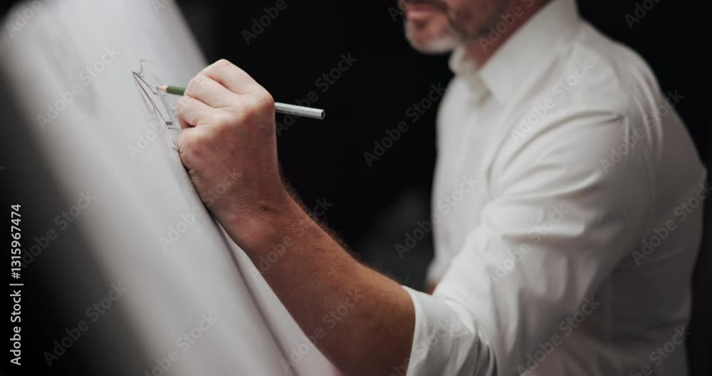 Poster hands, architect and board with building design, lines and creativity for editing process at company
