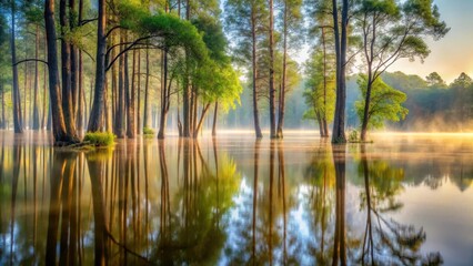 Obraz premium Golden Hour Reflection in a Tranquil Forest Lake with Misty Morning Atmosphere