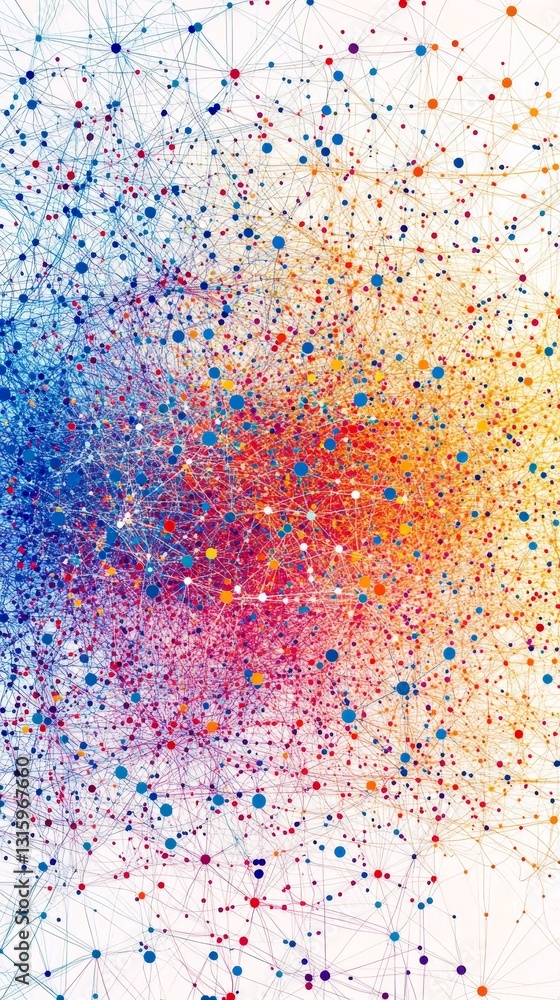 Poster vibrant abstract representation of a network filled with colorful nodes and connections, showcasing 