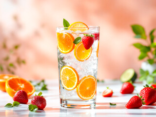 Fresh citrus and berry cocktail with ice cubes, mint leaves, and a striped straw in a glass. Orange, strawberry, blueberry, and cherry on a reflective surface with a tropical blurred background. 