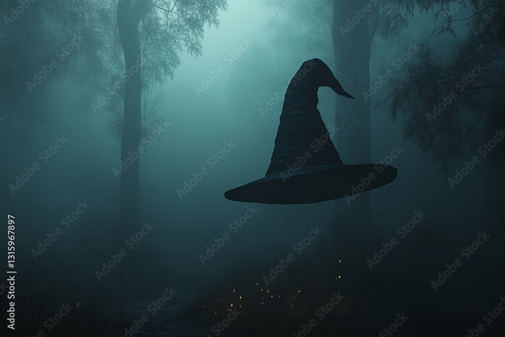 Aufkleber a haunting image of a floating witch hat in a misty forest, creating a mysterious and enchanting atm