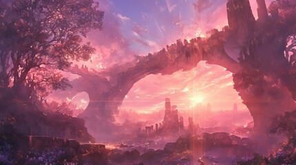 Dreamlike Pink Sunset over Ancient Ruins and Arching Trees