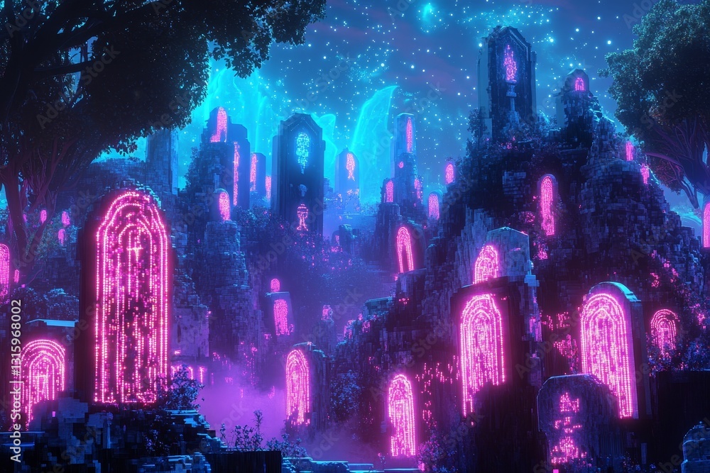 Poster A futuristic cityscape with neon lights and strange architecture. Scene is mysterious and otherworldly