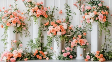 A stunning arrangement of pink roses and greenery, framed by elegant white columns, perfect for wedding ceremonies or photography sessions