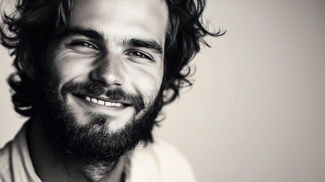 Young Confident Man with Beard Smiling Against Simple Background