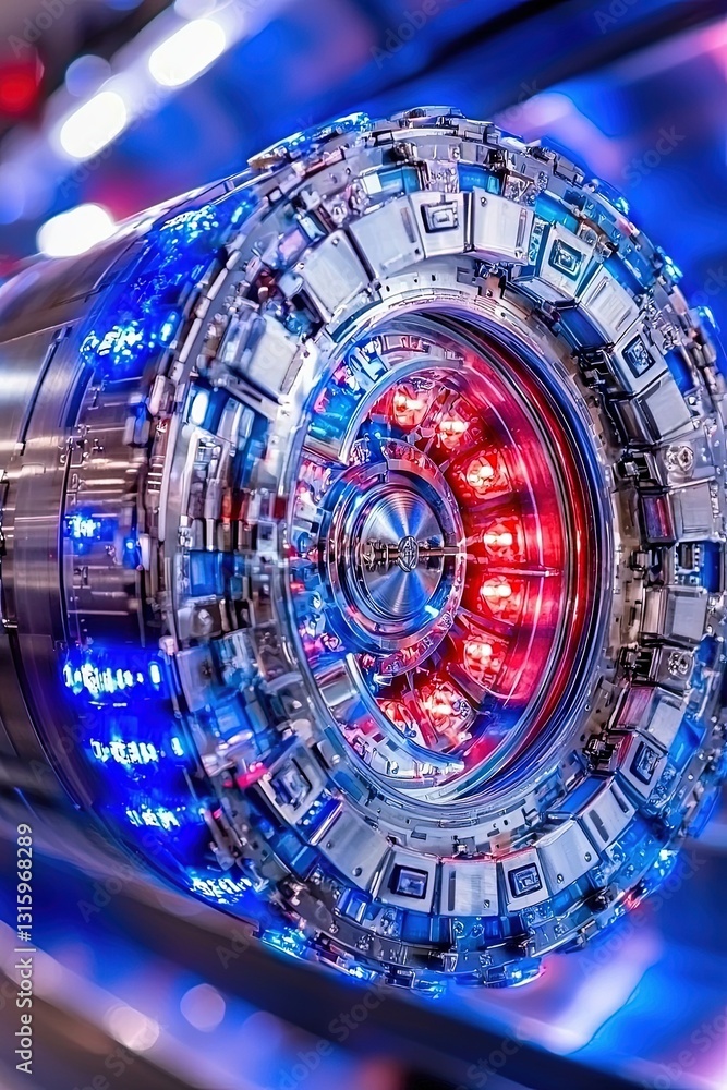 Poster futuristic engine component with illuminated red and blue lights highlights advanced technology and 