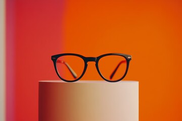 Stylish Black Glasses on Pedestal Against Vibrant Orange Background