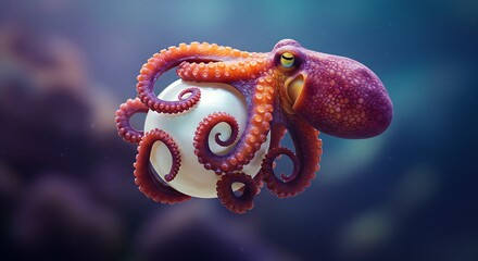 Obraz premium A tiny octopus wrapped around a pearl, vibrant colors, hyper-detailed.