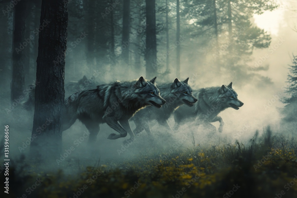 Poster three wolves running through a forest. scene is dark and mysterious. the wolves are in motion, and t