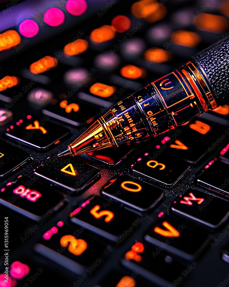 Poster close-up of a sleek pen resting on a modern illuminated keyboard showcasing vibrant colors and intri