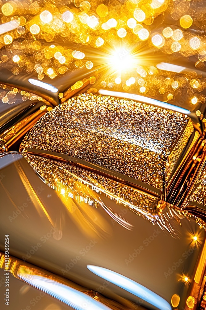 Poster shimmering gold surface with sparkling lights reflected in bokeh, abstract macro photography of shin
