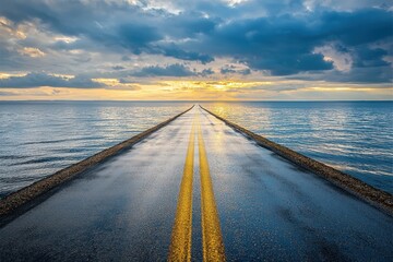 Glowing Symbolic Roadmap Over Water at Sunrise with Dramatic Clouds and Reflection