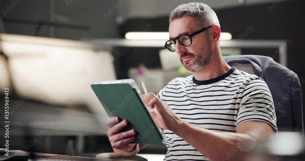 Poster business, tablet and man in office, creativity and decision with internet, thinking and network. per