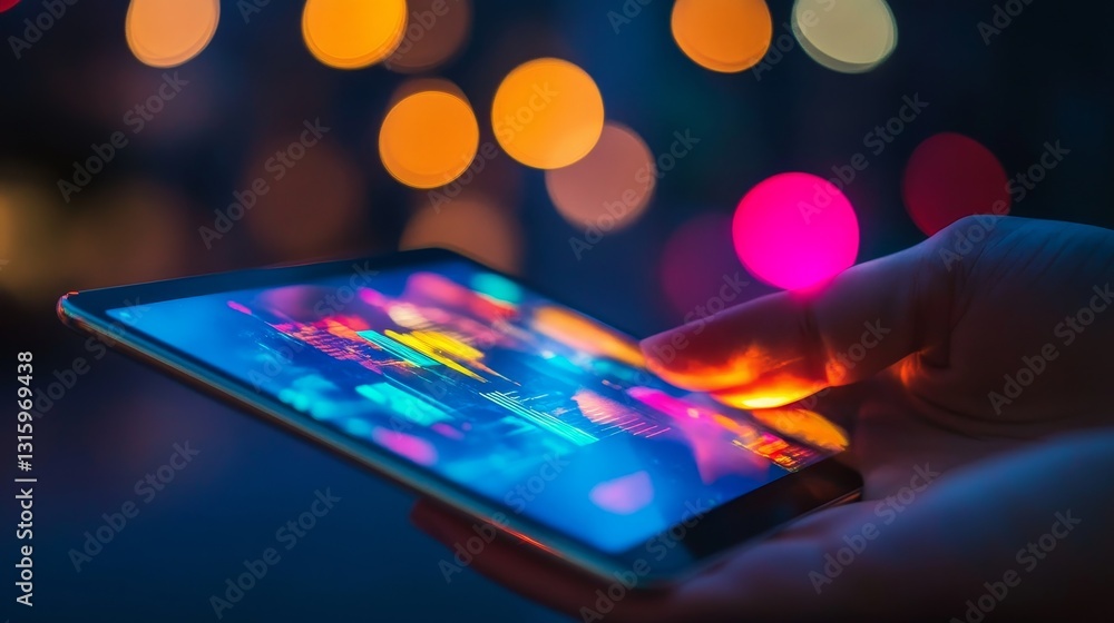 Poster a closeup view of a hand holding a tablet displaying colorful data visualizations, set against a bac