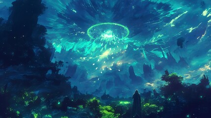 Fototapeta premium Ethereal Fantasy Landscape Mystical Energy and Solitary Figure