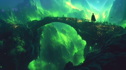 Ethereal Bridge A Surreal Landscape of Green Nebula and Mountaintop City