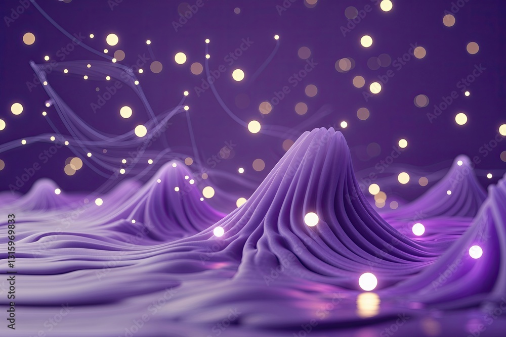 Poster purple minimalist 3d visualization of quantum data network with scattered waves and glowing points