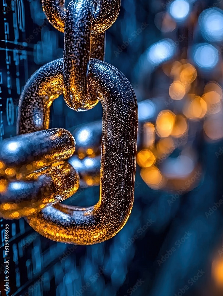 Poster close-up of metallic chain links with glowing lights, demonstrating strength and security in a techn