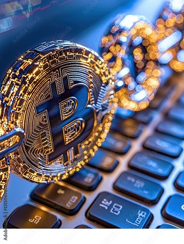 Poster close-up of bitcoin coins on keyboard with glowing chain, symbolizing cryptocurrency and digital fin