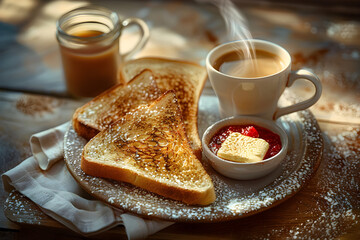 Inviting Breakfast Scene with Golden-Brown Toast, Butter, and Coffee on Wooden Table