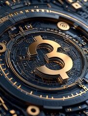 Obraz premium Intricate Close-Up of a Metallic Circuit Board With a Golden Cryptocurrency Symbol Against a Dark Futuristic Background