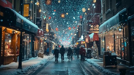 Obraz premium Snowy Christmas street scene at night with festive lights and pedestrians.