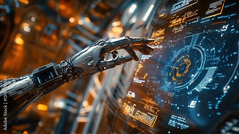 Poster futuristic robotic arm interacting with high-tech hud interface