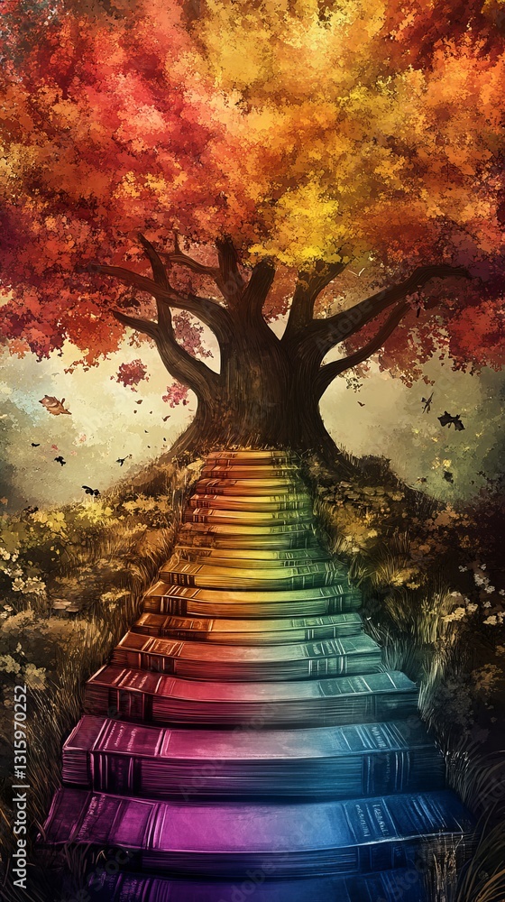 Aufkleber a colorful tree with a rainbow staircase leading up to it. the tree is surrounded by leaves and bran