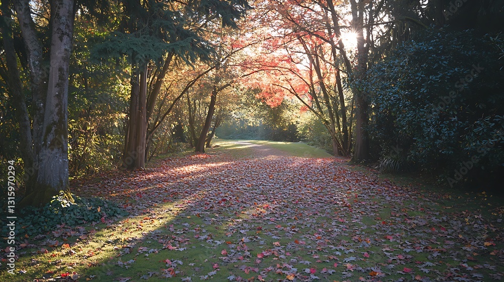 Poster sunlit autumn path through colorful trees and fallen leaves.